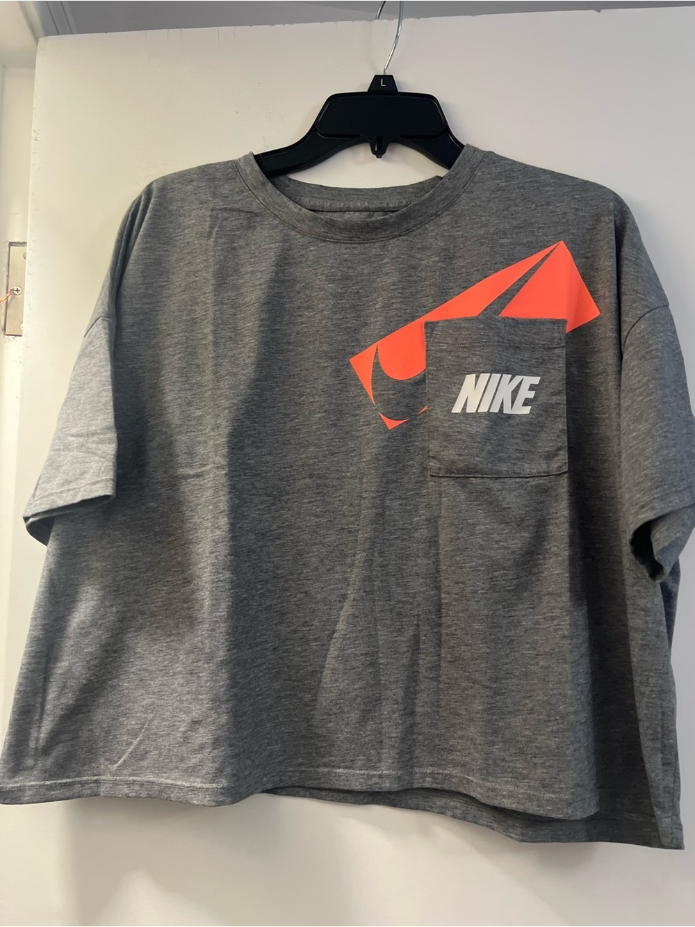 Nike Gray Crop Tee with Neon Coral Accent and Pocket